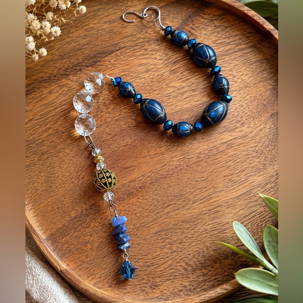 Artisan Blue Beaded Sun Catcher Vintage Chandelier Crystals Window Charm